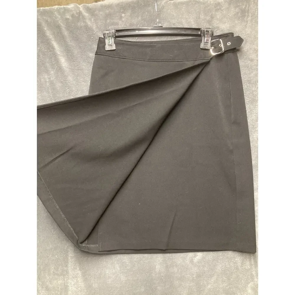 Y2K Briggs New York Wrap Skirt Black Buckle Twill Knee Length Dark Academia Sz 8